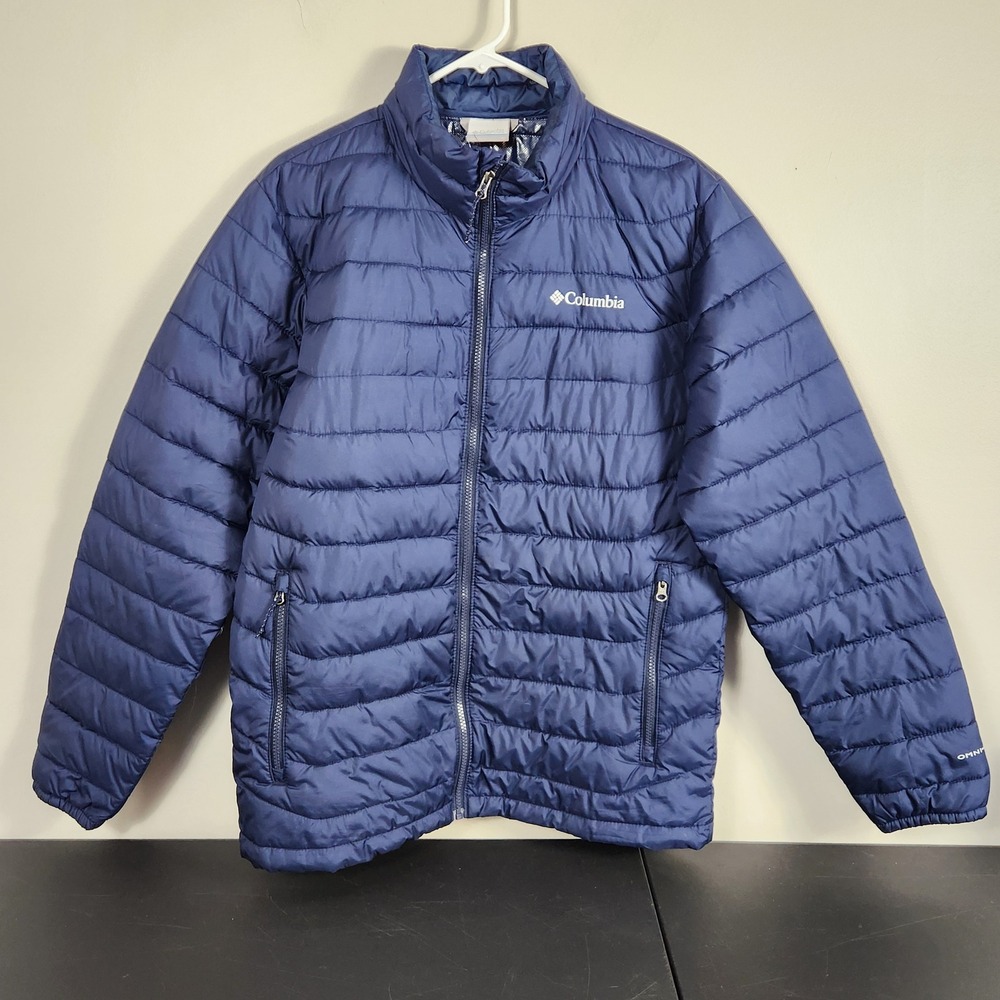 Columbia Powder Lite Puffer Jacket Navy Blue Omni-Heat Insulated WO1111 Mens L